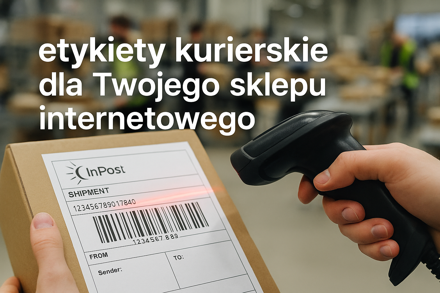 dodaj proszę w tle magazyn na którym ludzie pakują paczki. dodaj proszę napis "etykiety kurierski dla Twojego sklepu internetowego"